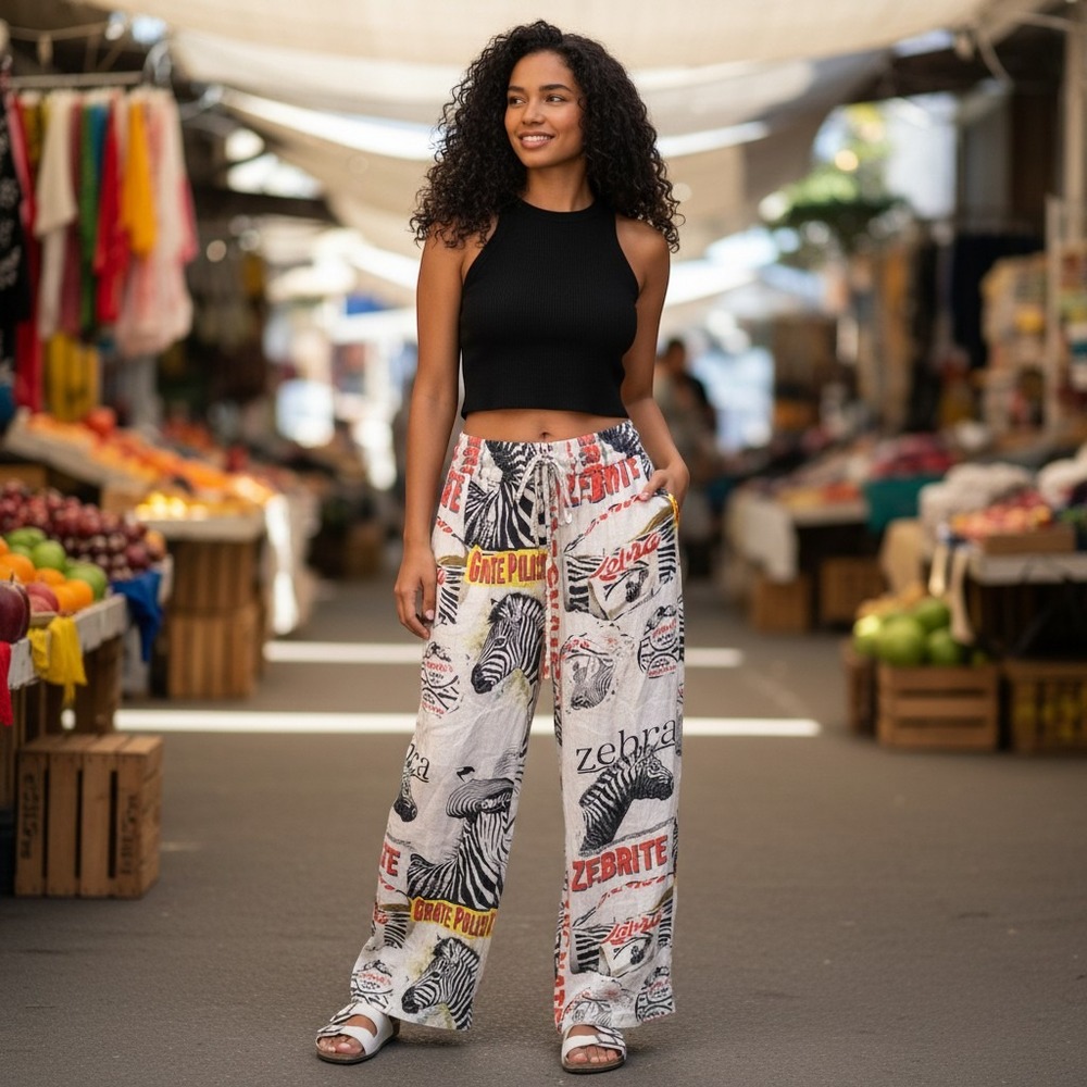 Kaantha Karma NWOT SZ XL Zebra Graphic flour sack  Print Wide Leg Pants